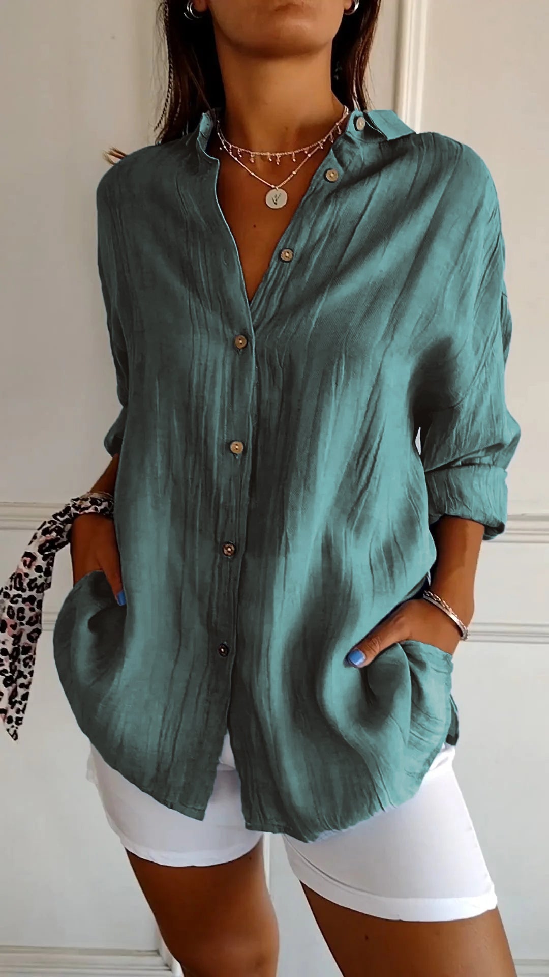 Dames Oversized Overhemd Linnen Look Geplooide Stof Lange Mouwen - Rood / Blauw / Geel - Maelen