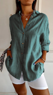 Dames Oversized Overhemd Linnen Look Geplooide Stof Lange Mouwen - Rood / Blauw / Geel - Maelen