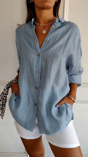Dames Oversized Overhemd Linnen Look Geplooide Stof Lange Mouwen - Rood / Blauw / Geel - Maelen