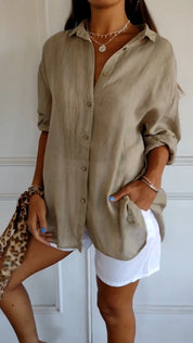 Dames Oversized Overhemd Linnen Look Geplooide Stof Lange Mouwen - Rood / Blauw / Geel - Maelen