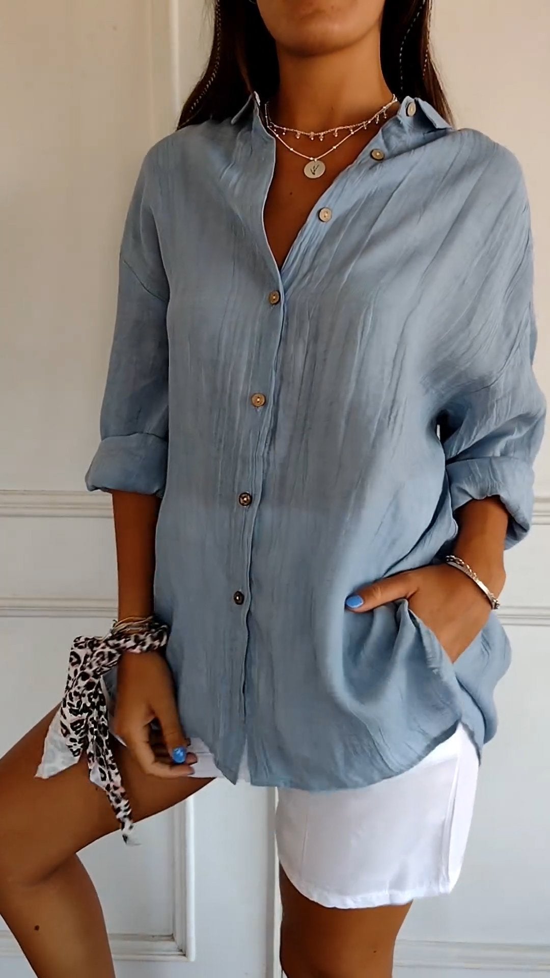 Dames Oversized Overhemd Linnen Look Geplooide Stof Lange Mouwen - Rood / Blauw / Geel - Maelen