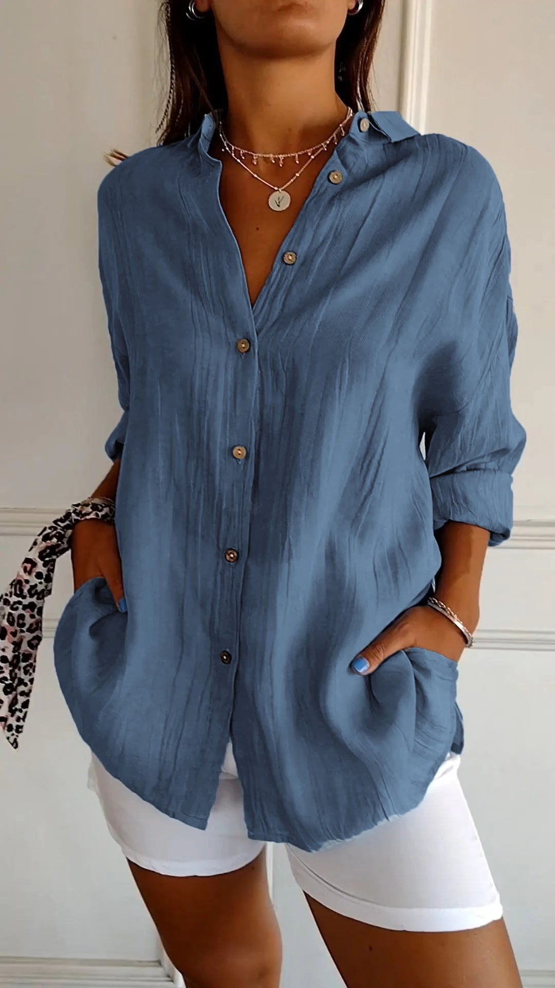 Dames Oversized Overhemd Linnen Look Geplooide Stof Lange Mouwen - Rood / Blauw / Geel - Maelen