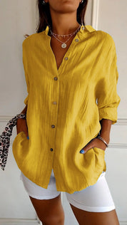 Dames Oversized Overhemd Linnen Look Geplooide Stof Lange Mouwen - Rood / Blauw / Geel - Maelen