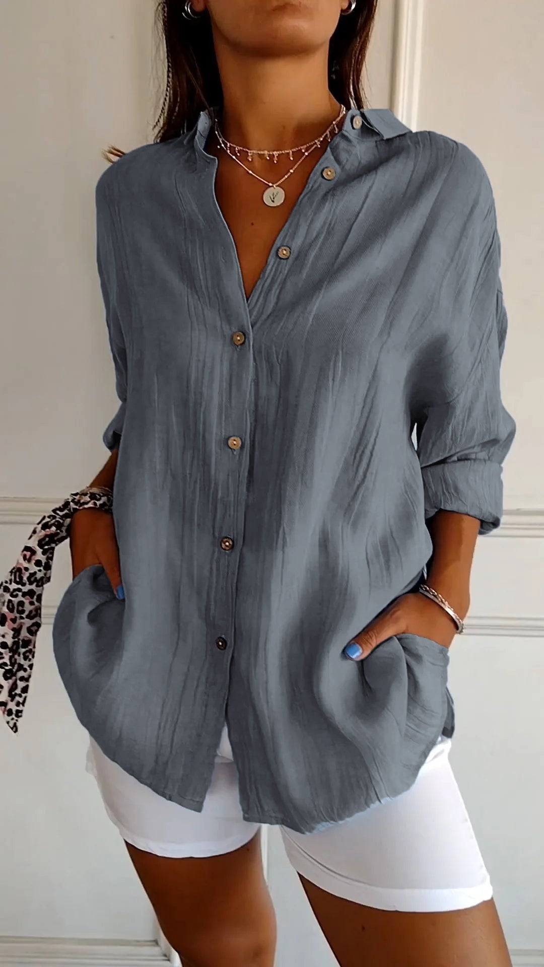 Dames Oversized Overhemd Linnen Look Geplooide Stof Lange Mouwen - Rood / Blauw / Geel - Maelen
