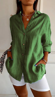 Dames Oversized Overhemd Linnen Look Geplooide Stof Lange Mouwen - Rood / Blauw / Geel - Maelen