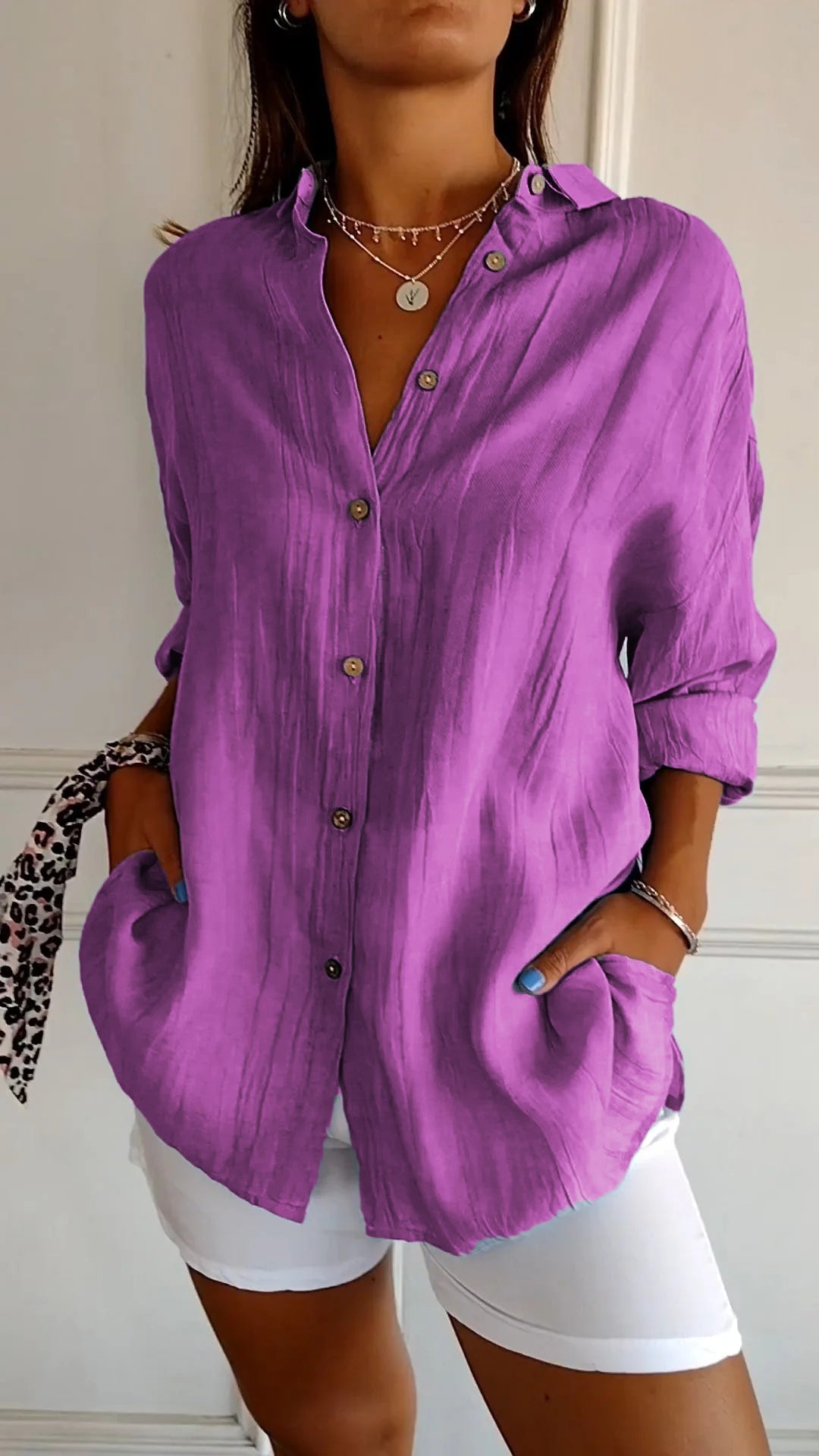Dames Oversized Overhemd Linnen Look Geplooide Stof Lange Mouwen - Rood / Blauw / Geel - Maelen