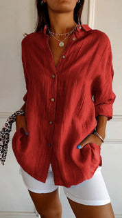 Dames Oversized Overhemd Linnen Look Geplooide Stof Lange Mouwen - Rood / Blauw / Geel - Maelen