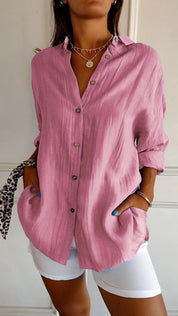 Dames Oversized Overhemd Linnen Look Geplooide Stof Lange Mouwen - Rood / Blauw / Geel - Maelen