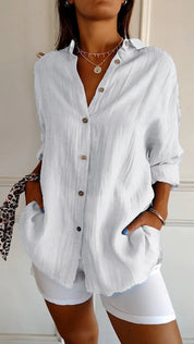 Dames Oversized Overhemd Linnen Look Geplooide Stof Lange Mouwen - Rood / Blauw / Geel - Maelen