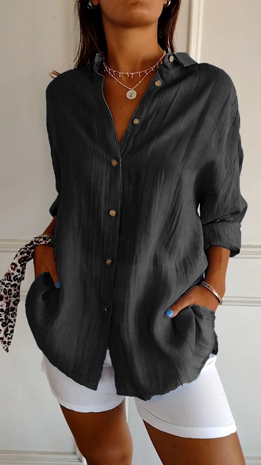 Dames Oversized Overhemd Linnen Look Geplooide Stof Lange Mouwen - Rood / Blauw / Geel - Maelen