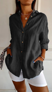 Dames Oversized Overhemd Linnen Look Geplooide Stof Lange Mouwen - Rood / Blauw / Geel - Maelen