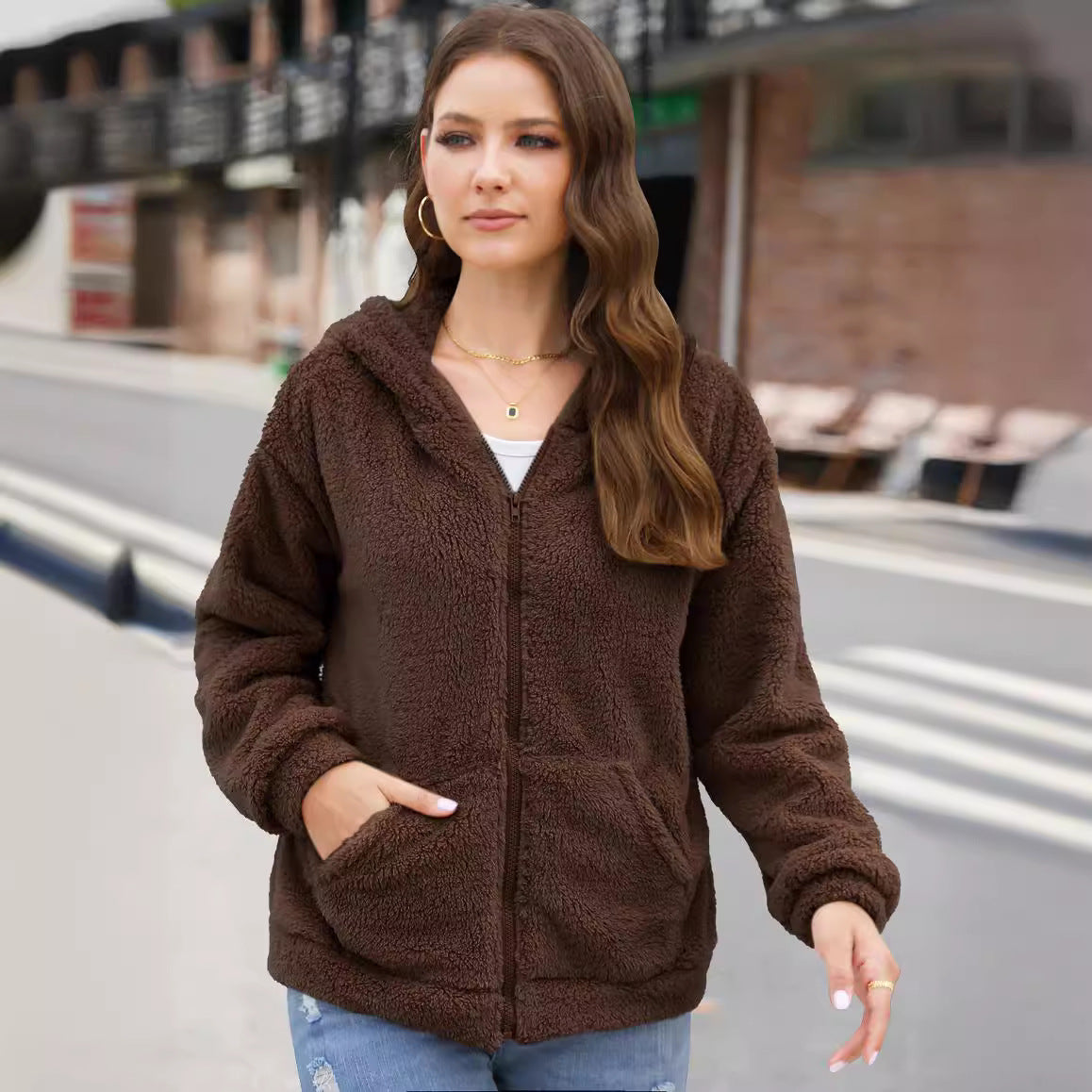 Nora Dames fleece winterjas – zachte zwarte jas met rits, warm en comfortabel