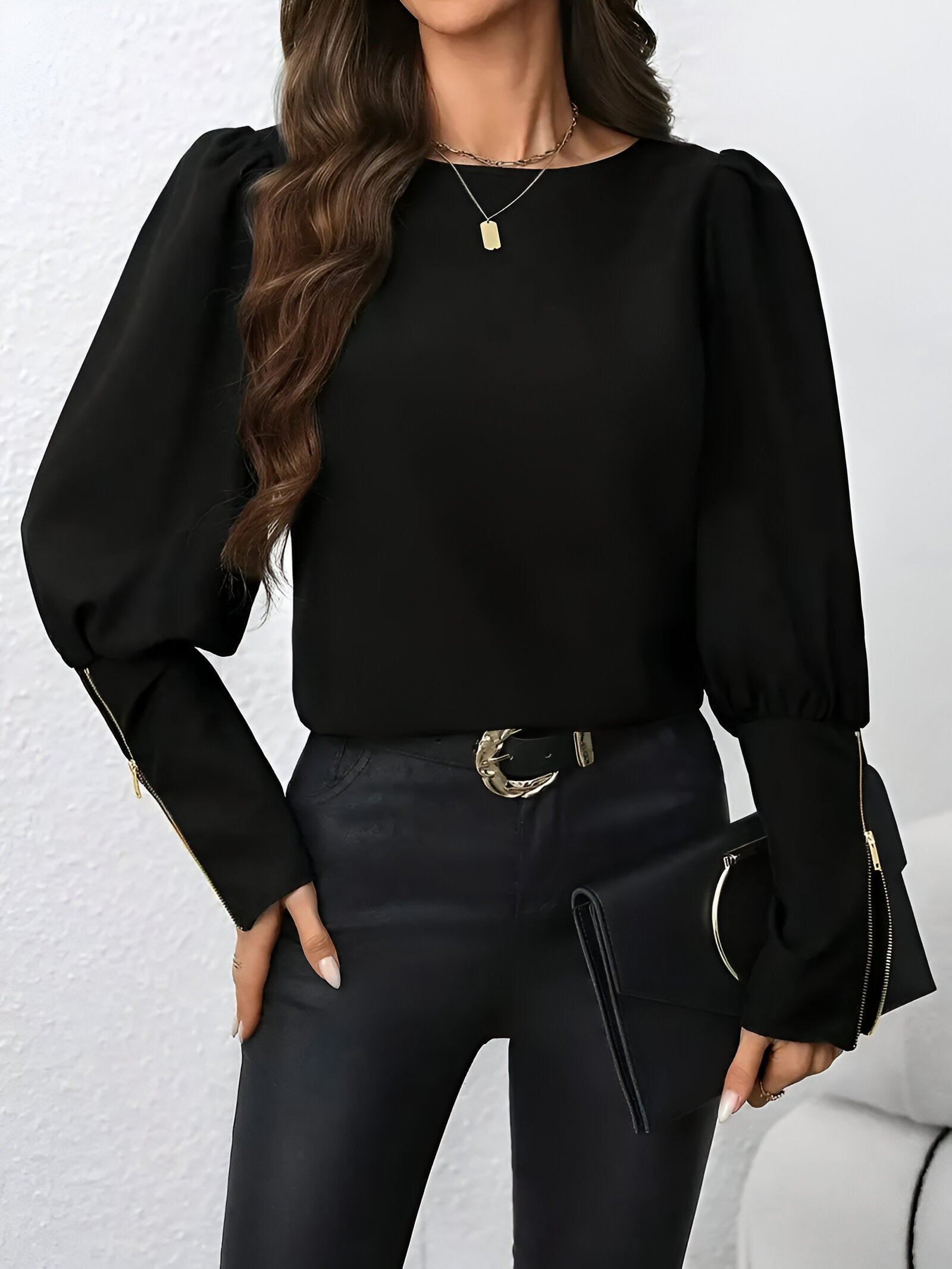 Bodi Blouse | Elegante Blouse met Pofmouwen en Metallic Ritssluiting