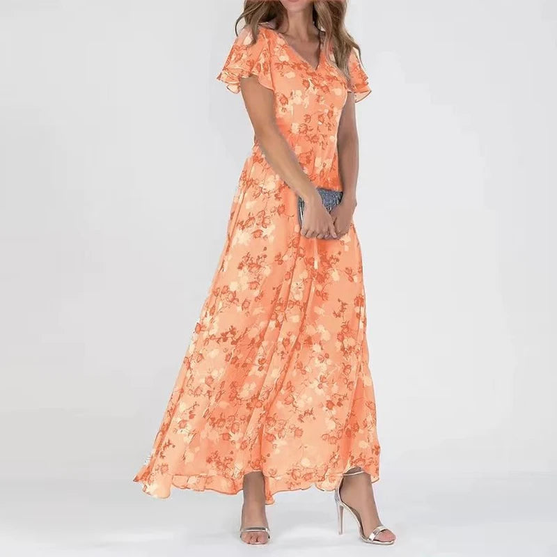 Giulia Jurk | Bloemen Maxi-Jurk met Vlindermouwen en Elegante V-Hals