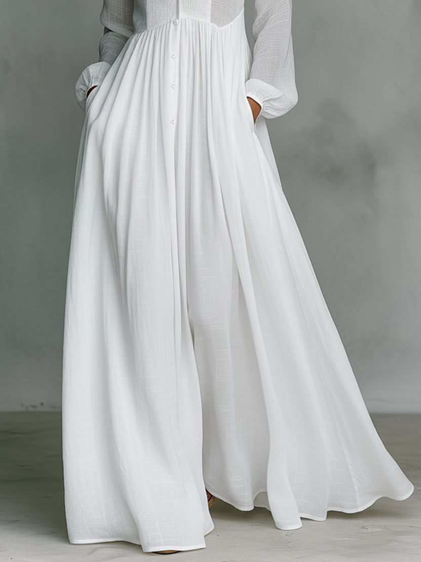 Dames Maxi Jurk Katoen Linnen Staande Kraag Lange Mouwen Enknoops - Wit / Blauw / Zwart - Maelen