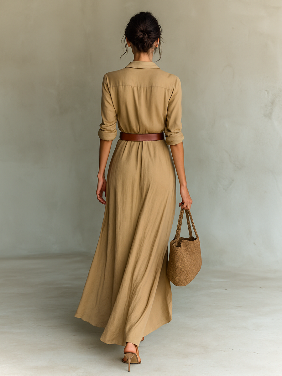 Dames Maxi Blousejurk Linen Look Lange Mouwen Ceintuur Diepe V-hals - Khaki / Marineblauw / Wit / Zwart - Maelen