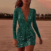 Ariella Pailletten mini jurk dames - feestjurk met V-hals en lange mouwen