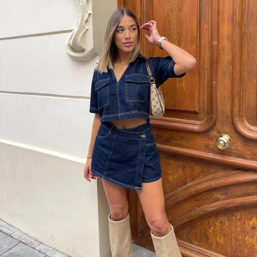 Denim co-ord set dames met rokje en top, matching set zomer - Chiara Venti