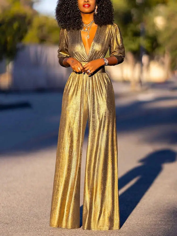 Glanzende Jumpsuit dames - Diepe V-hals en half lange mouwen- Alessandra Bellucci