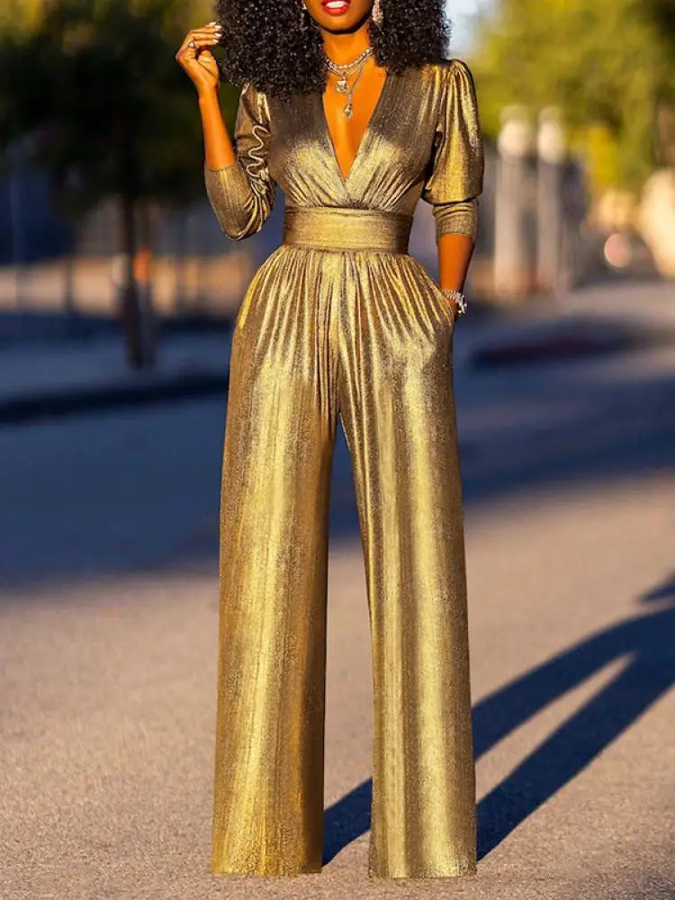 Glanzende Jumpsuit dames - Diepe V-hals en half lange mouwen- Alessandra Bellucci