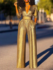 Glanzende Jumpsuit dames - Diepe V-hals en half lange mouwen- Alessandra Bellucci