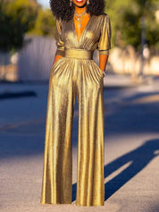 Glanzende Jumpsuit dames - Diepe V-hals en half lange mouwen- Alessandra Bellucci