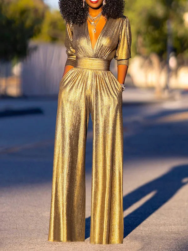 Glanzende Jumpsuit dames - Diepe V-hals en half lange mouwen- Alessandra Bellucci