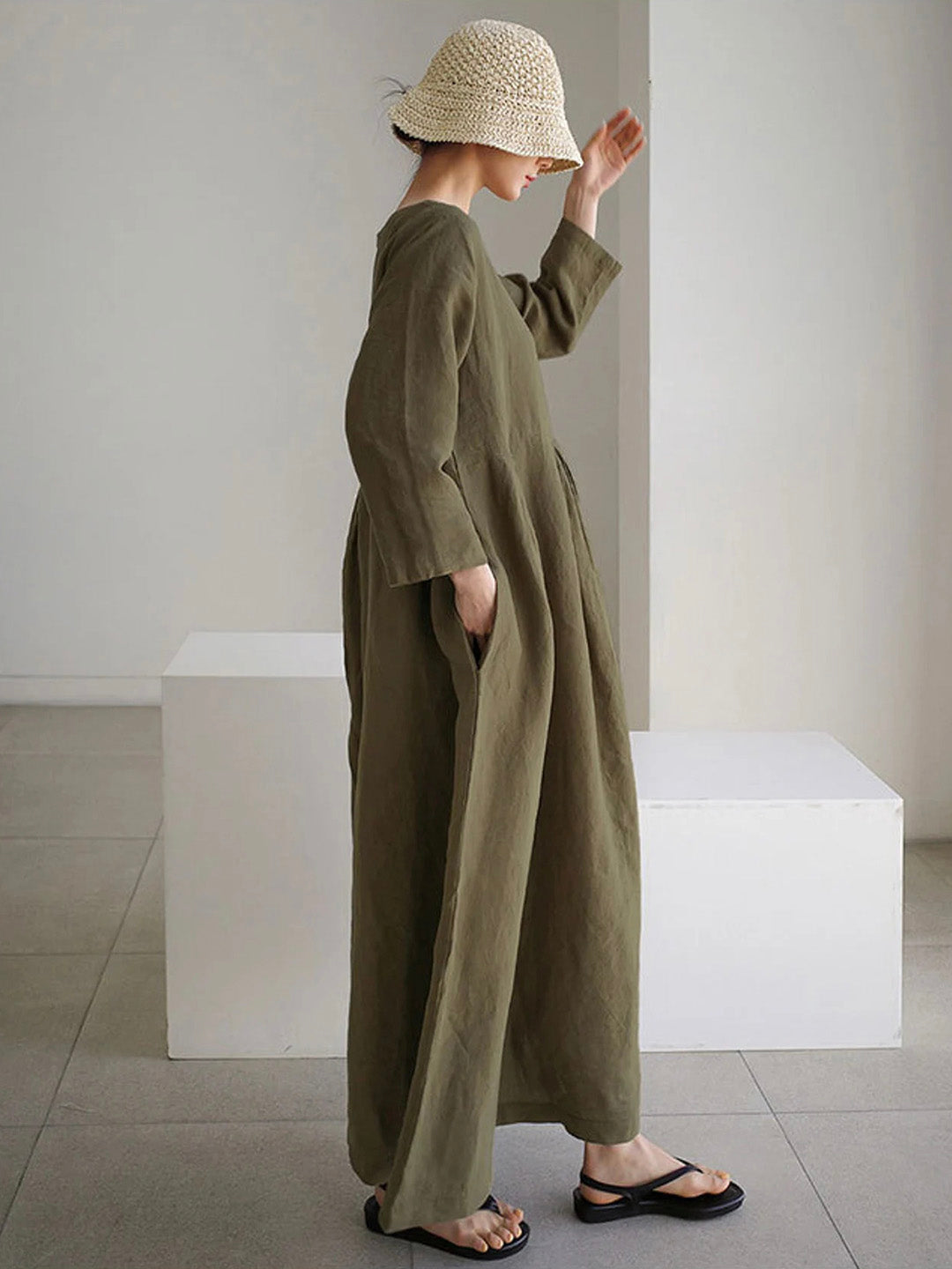 Siena Jurk | Linnen Maxi Jurk met V-Hals en Zijzakken