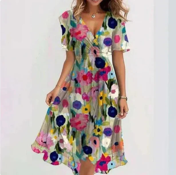 Bloemenprint Jurk Dames Zomer met V-hals en Luchtige Rok, Romantisch en Vrouwelijk - Fiora Belloni