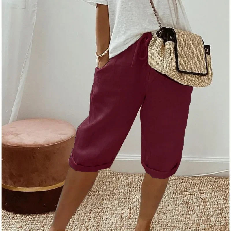 Dames Korte Capri Broek Elastische Taille Zomer Casual - Khaki / Zwart / Beige - Maelen