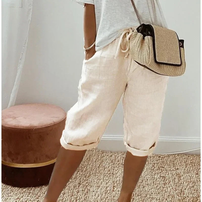 Dames Korte Capri Broek Elastische Taille Zomer Casual - Khaki / Zwart / Beige - Maelen