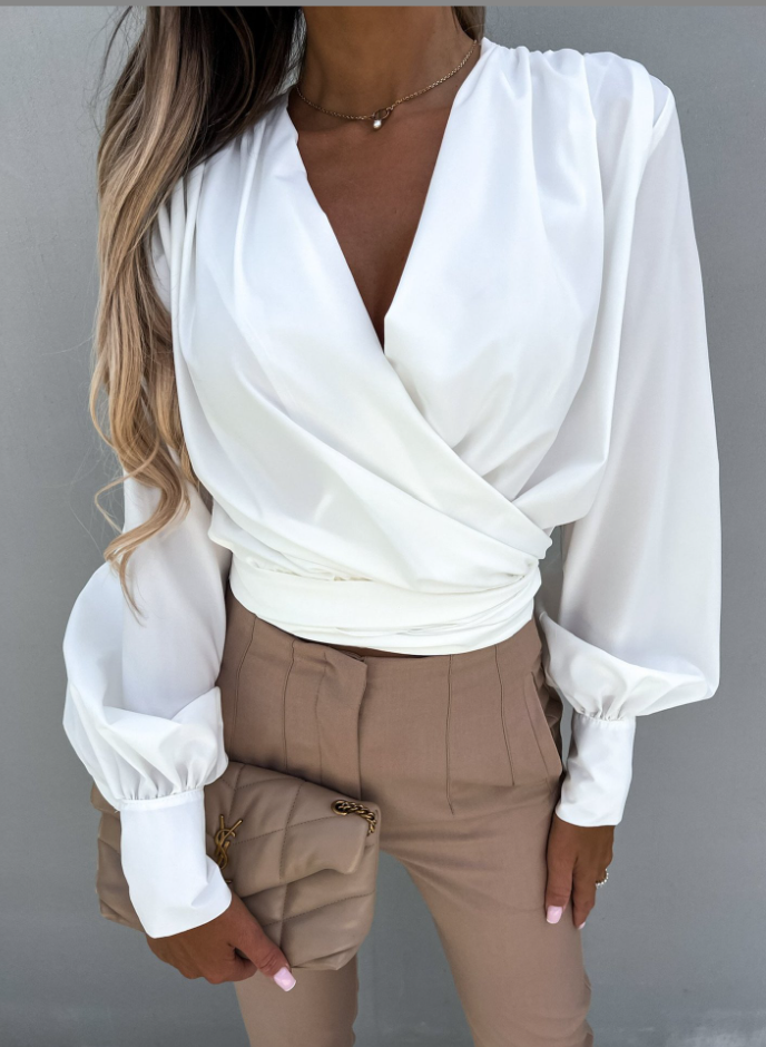 Diora Blouse | Elegante V-Hals Blouse met Statement Pofmouwen en Verzamelde Taille