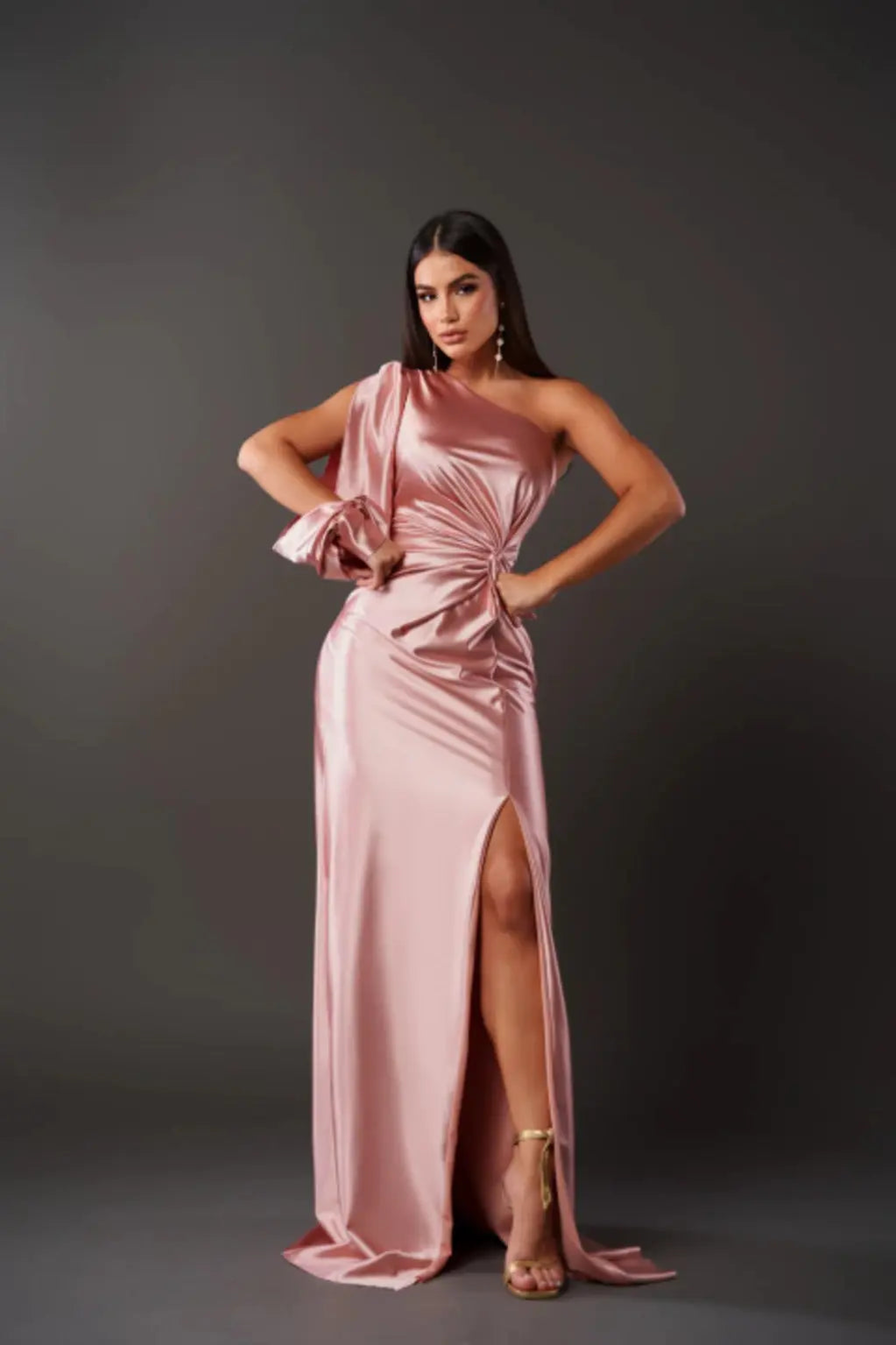 Dames Satijnen Maxi Jurk One Shoulder Gedrapeerd Split Galajurk - Turquoise / Zwart / Roze - Maelen