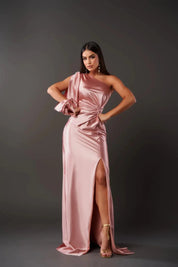 Dames Satijnen Maxi Jurk One Shoulder Gedrapeerd Split Galajurk - Turquoise / Zwart / Roze - Maelen