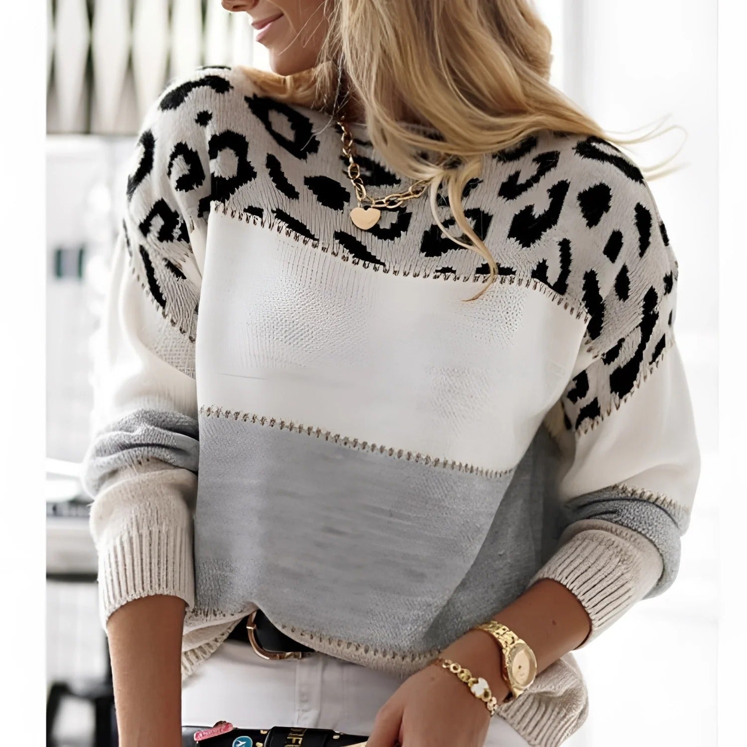 Alessia Dames sweatshirt met dierenprint & colorblock | Gebreid, relaxed fit & lange mouwen
