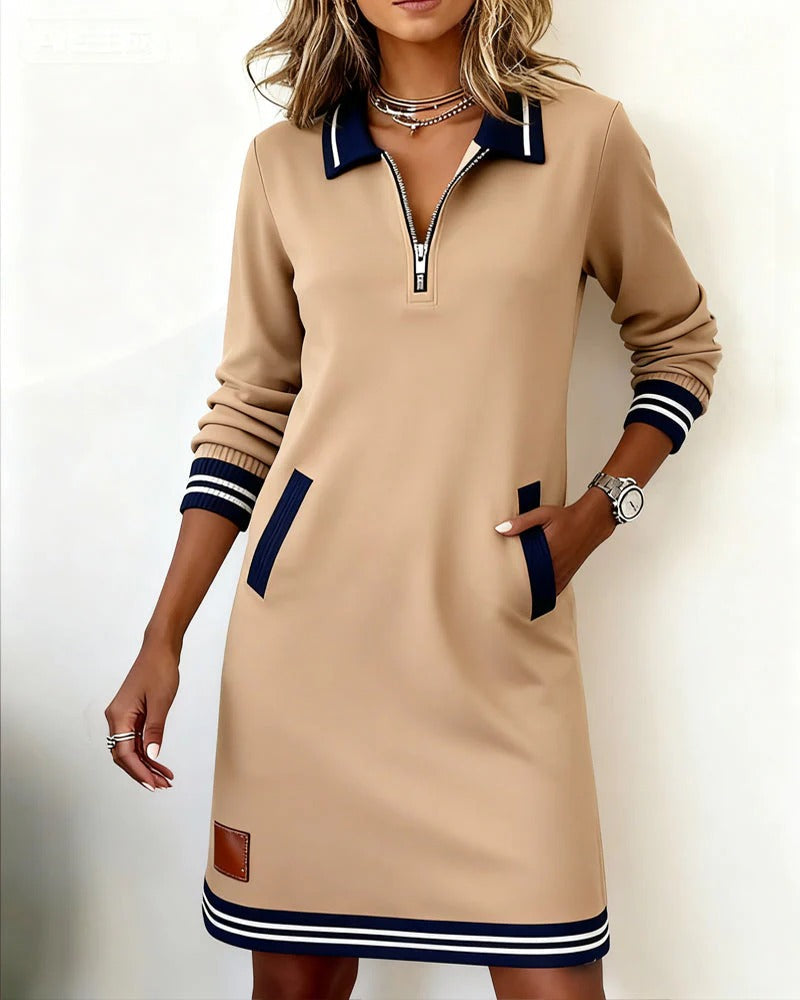 Dames A-lijn Jurk Lange Mouwen Polokraag Rits Contrasterende Details Casual Lente Zomer - Grijs / Wit / Marineblauw - Maelen