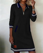 Dames A-lijn Jurk Lange Mouwen Polokraag Rits Contrasterende Details Casual Lente Zomer - Grijs / Wit / Marineblauw - Maelen