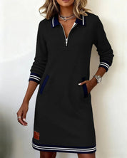 Dames A-lijn Jurk Lange Mouwen Polokraag Rits Contrasterende Details Casual Lente Zomer - Grijs / Wit / Marineblauw - Maelen