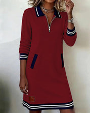 Dames A-lijn Jurk Lange Mouwen Polokraag Rits Contrasterende Details Casual Lente Zomer - Grijs / Wit / Marineblauw - Maelen
