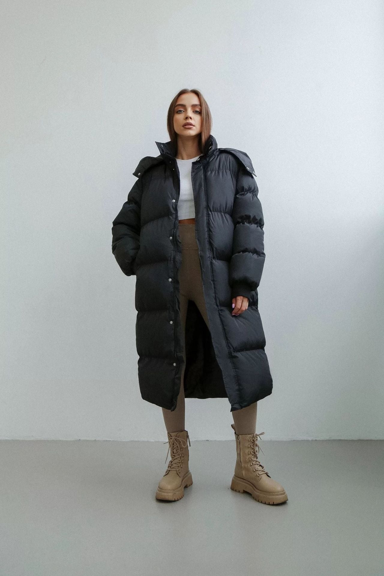 Martina Oversized dames winterjas lang – warme zwarte puffer met capuchon
