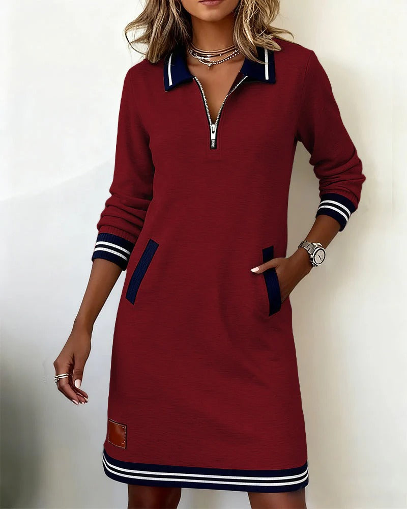 Dames A-lijn Jurk Lange Mouwen Polokraag Rits Contrasterende Details Casual Lente Zomer - Grijs / Wit / Marineblauw - Maelen