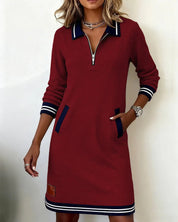 Dames A-lijn Jurk Lange Mouwen Polokraag Rits Contrasterende Details Casual Lente Zomer - Grijs / Wit / Marineblauw - Maelen