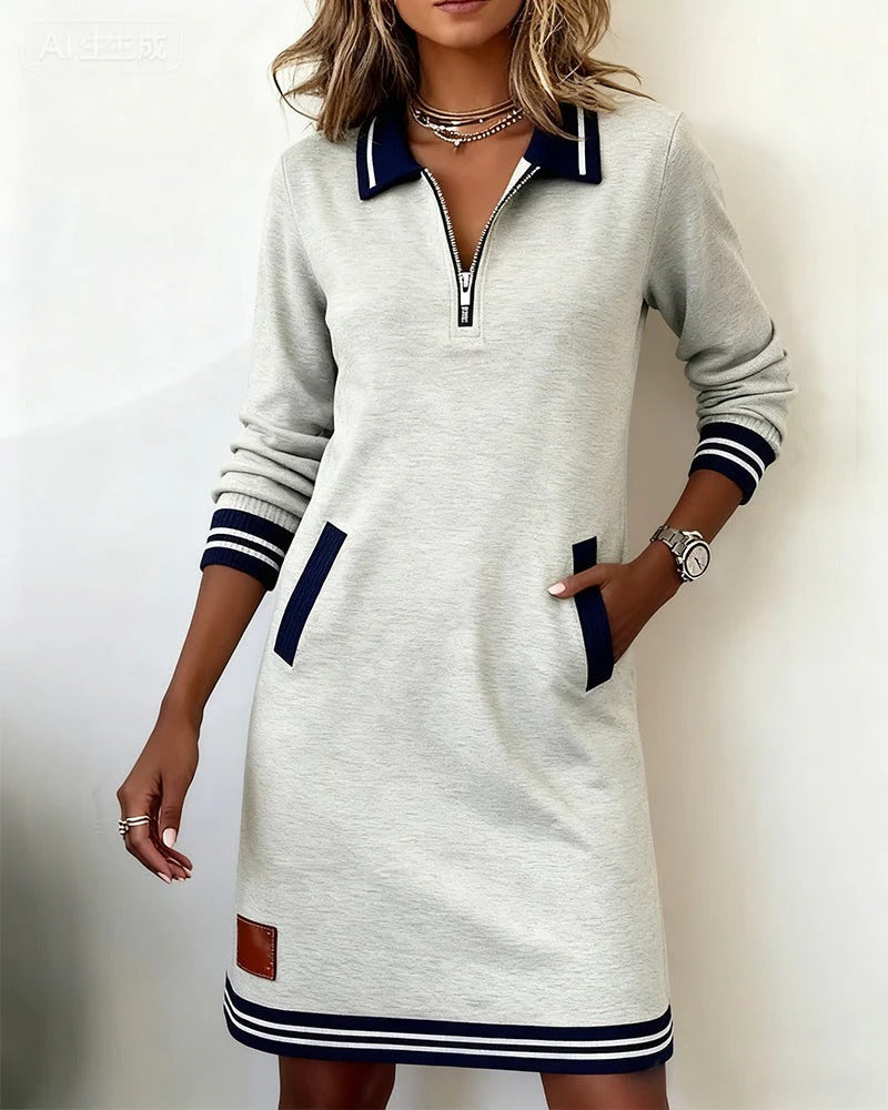 Dames A-lijn Jurk Lange Mouwen Polokraag Rits Contrasterende Details Casual Lente Zomer - Grijs / Wit / Marineblauw - Maelen