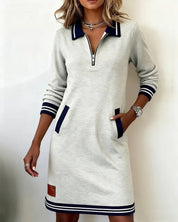 Dames A-lijn Jurk Lange Mouwen Polokraag Rits Contrasterende Details Casual Lente Zomer - Grijs / Wit / Marineblauw - Maelen