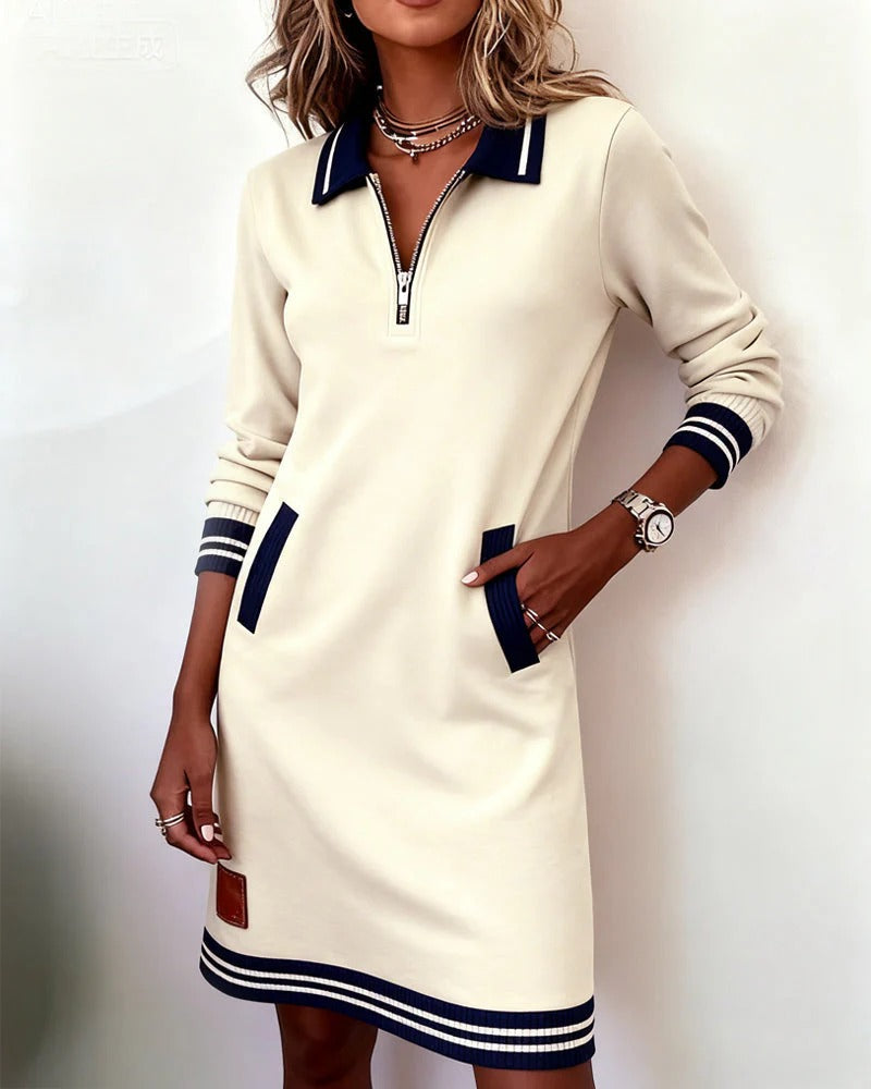 Dames A-lijn Jurk Lange Mouwen Polokraag Rits Contrasterende Details Casual Lente Zomer - Grijs / Wit / Marineblauw - Maelen