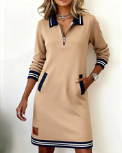 Dames A-lijn Jurk Lange Mouwen Polokraag Rits Contrasterende Details Casual Lente Zomer - Grijs / Wit / Marineblauw - Maelen