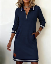 Dames A-lijn Jurk Lange Mouwen Polokraag Rits Contrasterende Details Casual Lente Zomer - Grijs / Wit / Marineblauw - Maelen