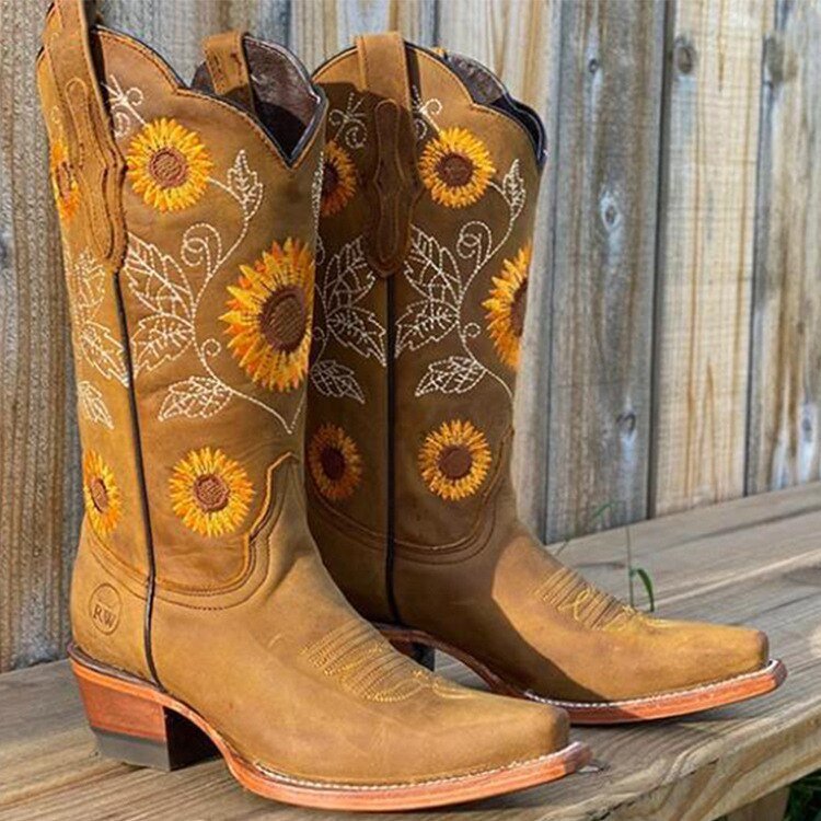 Elena Bohemian dames laarzen – Boho boots met Ibiza-stijl en zonnebloemdetail