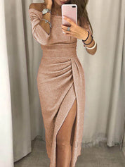 Glitterjurk Dames Feestelijk Midi met Hoge Split en Lange Mouwen - Alessia Scintilla