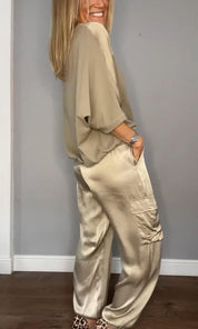 Dames Tweedelige Set Oversized Trui en Wide Leg Broek Casual Chic - Goud / Paars / Zwart - Maelen